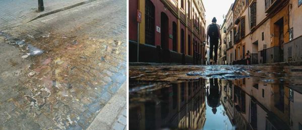 تصاویری از خیابان های اسپانیا در انعکاس گودال آب